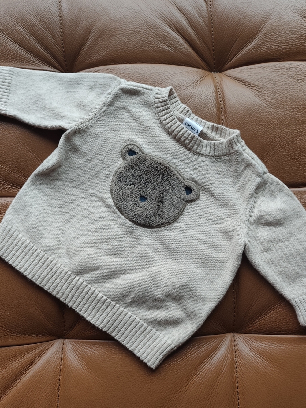Carter's Cream Knit Sweater with A Soft Brown Teddy Bear, 0-3M, 100% Cotton